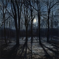 A painting of a forest at night with a full moon in the sky