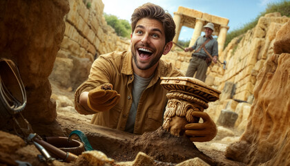  joyful archaeologist who works with awe and curiosity. professions concept - 794827484