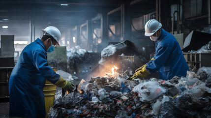 Worker are depicted actively sorting and cleaning recycle materials in factory, photo shot