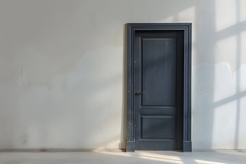 A black wooden door against a background of plastered walls and ceiling