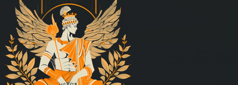 Hermes an Olympian deity in ancient Greek religion and mythology considered the herald of the gods banner with Copy space. The protector of human heralds, travelers, thieves, merchants