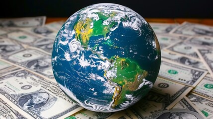 A globe sits on top of a pile of money.