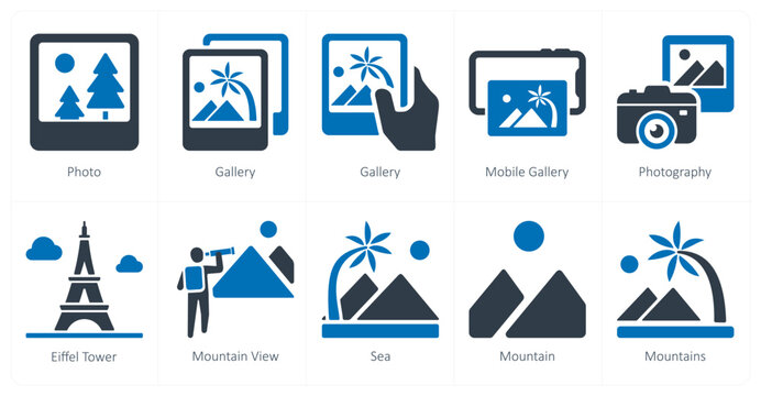 A set of 10 Travel and vacation icons as photo, gallery, mobile gallery, photography