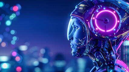 An artificial intelligence robot with headphones and colorful glowing elements on a dark background