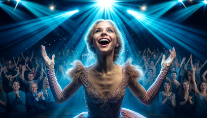  joyful ballerina performing on stage, radiating joy during breathtaking performance - 794829019