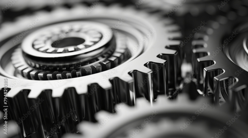 Poster closeup of gears and cogs of machines in motion, engineering concept