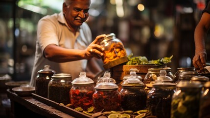 A man stands before a table overflowing with jars of colorful and delicious homemade food