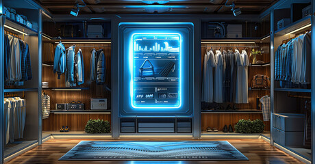 Futuristic 3D render of a high-tech, AI-powered clothing rack with a sleek, metallic design and holographic, customizable fashion suggestions. Generative AI.