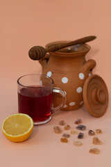 Cup of tea with lemon.

