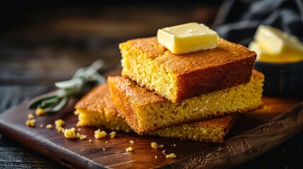 Premium look at cornbread from above, showcasing its moist crumb and sweet taste, ideally served with a pat of butter, clean isolated backdrop