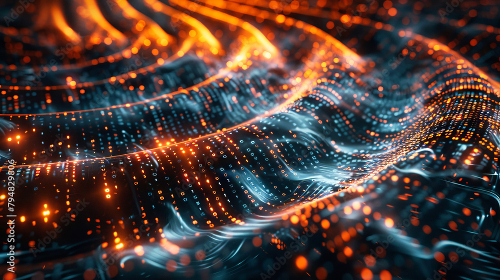 Poster glowing data binary code background with digital particles and orange lights