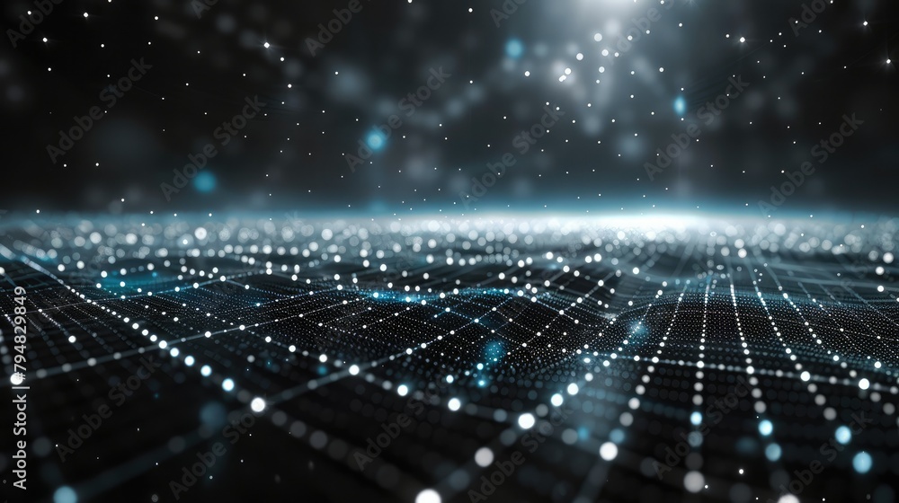 Aufkleber Futuristic AI technology themed thumbnail backdrop for versatile overlaying. The design features a high-resolution digital grid that extends into the horizon, in darker tones. Generative AI.