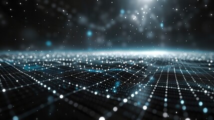 Futuristic AI technology themed thumbnail backdrop for versatile overlaying. The design features a high-resolution digital grid that extends into the horizon, in darker tones. Generative AI.