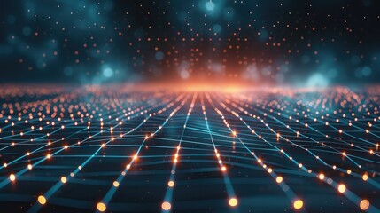 Futuristic AI technology themed thumbnail backdrop for versatile overlaying. The design features a high-resolution digital grid that extends into the horizon, in darker tones. Generative AI.