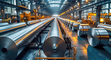 Large aluminium steel rolls in the factory. Generative AI.