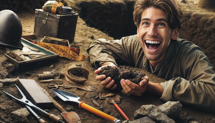  joyful archaeologist who works with awe and curiosity. professions concept - 794830035