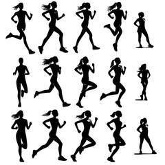 series of silhouettes of women running. Scene is energetic and active. The concept of the image is to showcase the different ways women can run, from sprinting to jogging