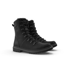Black canvas combat boots, isolated, Memorial Day or Veterans Day concept. Boots military equipment of the Armed Forces, Black Leather Army Boots
