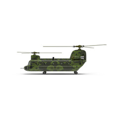 Realistic 3D PNG attack helicopter isolated on a white background Military helicopter in flight