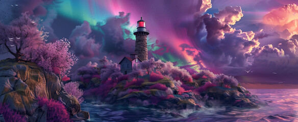Enchanted Lighthouse with Northern Lights Display
