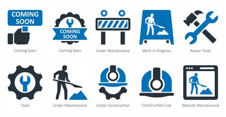 A set of 10 Under Construction icons as coming soon, under maintenance, work in progress