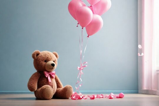 A cute teddy bear toy with colorful balloons on stunning room background