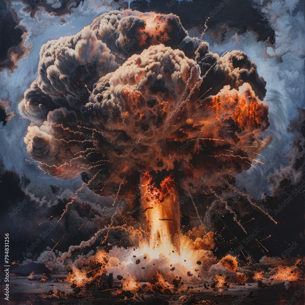 Canvas Prints A painting of a bomb exploding with a lot of fire and smoke