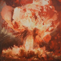 A painting of a large explosion with orange and brown colors