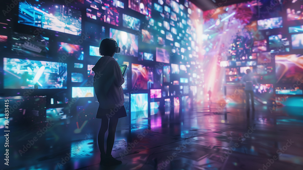 Poster a man and woman are standing in front of a large screen that displays a virtual reality environment.