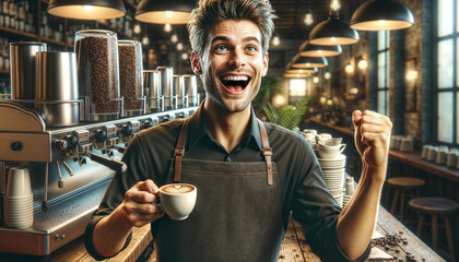  joyful hipster man barista, with smile that reflects the welcoming nature - 794831446