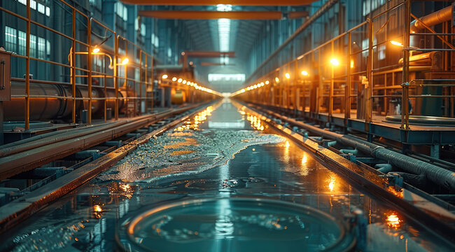 Glass and mirror factory be Inside the factory, there are areas designated for the process of melting raw materials in high-temperature furnaces to form molten glass. Generative AI.