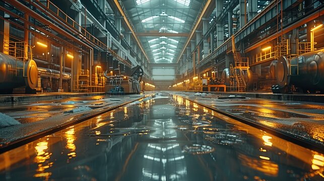 Glass and mirror factory be Inside the factory, there are areas designated for the process of melting raw materials in high-temperature furnaces to form molten glass. Generative AI.