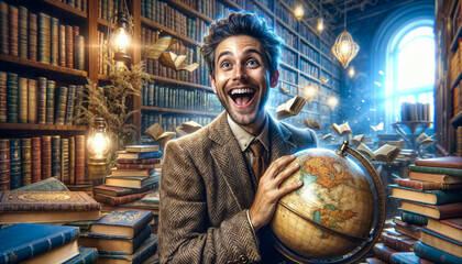joyful scientist, geographer, traveler with globe against background of bookshelves in library - 794831639