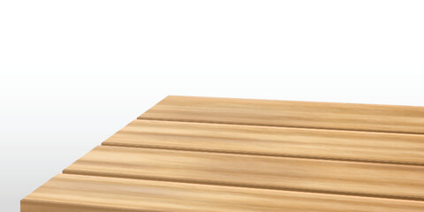 Wooden table surface isolated on white background. Vector realistic illustration of home or restaurant kitchen furniture, desk, shelf, bench mockup made of natural wood, light brown oak tabletop