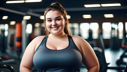 portrait of a smiling cute young plus-size girl in the gym