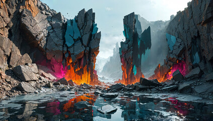 Rocky alien landscape with colorful splashes of light