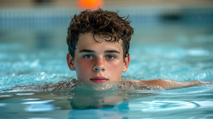 Serene young boy with an intense gaze swimming in the pool.