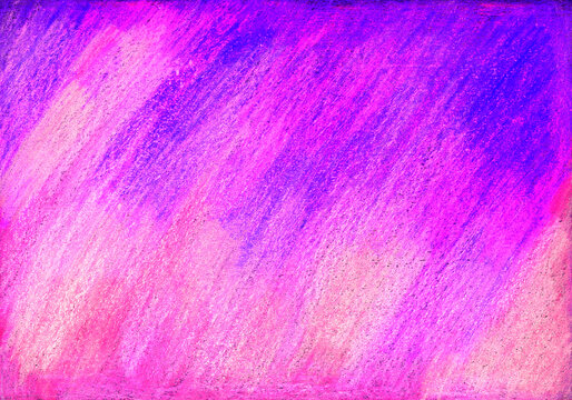 Abstract background drawn with colored pencils. Diagonal strokes. A gradient of bright colors. From blue to purple and pink. Blue from above, pink from below. Different shades.