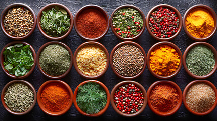 Assorted Colorful Spices in Bowls, Cooking Ingredients for Flavorful Cuisine on Wooden Background
