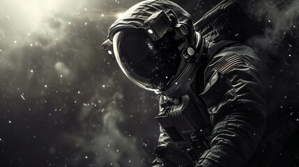 A striking black and white image of an astronaut clad in a space suit, set against the vast, star-studded expanse of the cosmos.