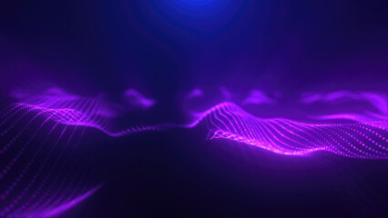 Purple energy magic waves high tech digital iridescent morphing with light rays lines and energy particles. Abstract background