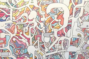 A complex network of colorful lines and shapes.