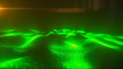 Green energy magic digital futuristic waves with light rays lines and energy particles. Abstract background