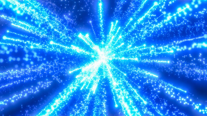Blue festive bright energy magical fireworks salute explosion with light rays lines and energy particles. Abstract background