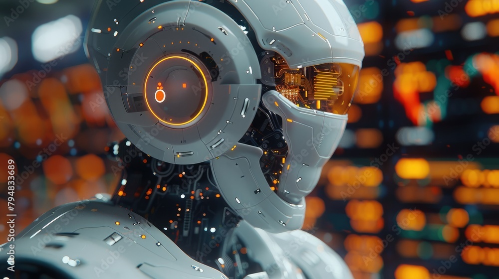 Poster Trading robot standing and analyzing a crypto trading chart, symbolizing the integration and use of artificial intelligence for stock market analysis. Generative AI.