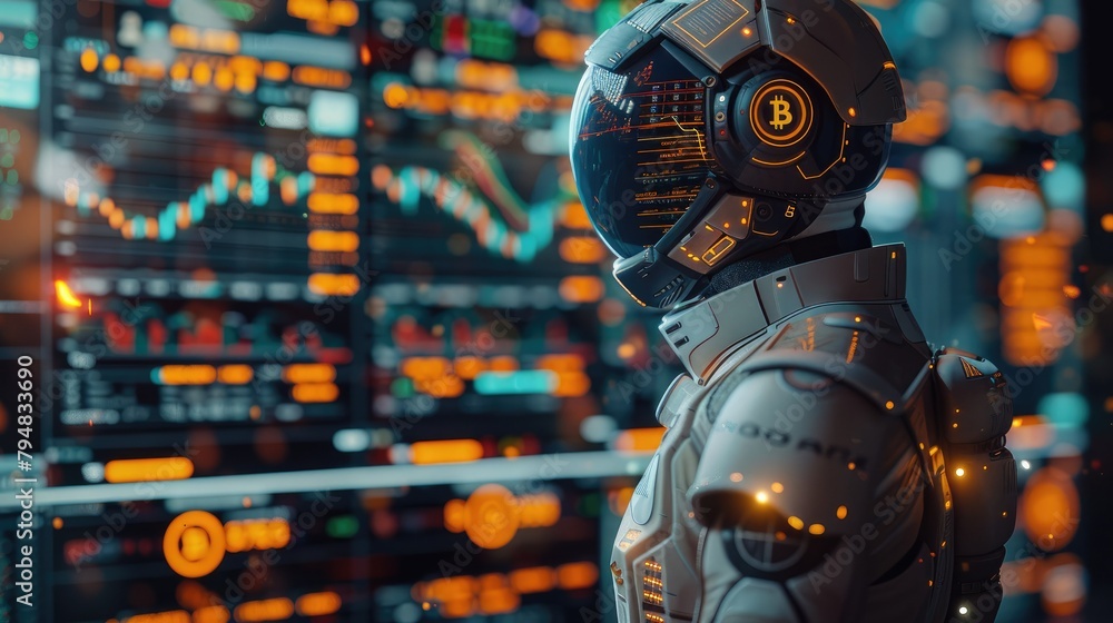 Poster Trading robot standing and analyzing a crypto trading chart, symbolizing the integration and use of artificial intelligence for stock market analysis. Generative AI.