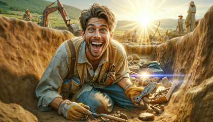  joyful archaeologist who works with awe and curiosity. professions concept - 794833629
