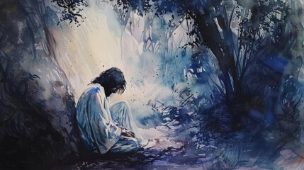 A poignant scene of Jesus praying in the Garden of Gethsemane, with dark, emotive watercolors - obrazy, fototapety, plakaty