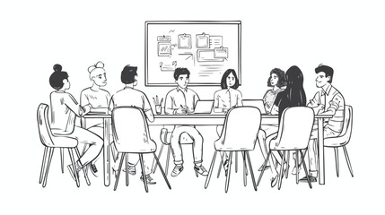 Team meeting in an office Hand drawn style vector des