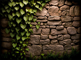 Old stone wall overgrown with ivy and foliage. Rustic stone wall background wallpaper.